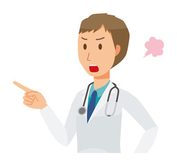A young male doctor wearing a white suit is angrily pointing to a finger