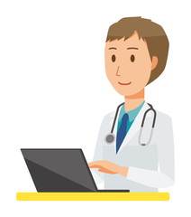 Fototapeta premium A young male doctor wearing a white coat is operating a laptop computer