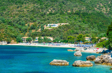 Beautiful landscape ove the Mikros Gealos Poros beach of Lefkada in summer holiday, Greece