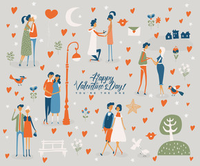 Valentine's Day vector greeting card with cute lovers. Boyfriend and girlfriend are in love. Hand drawn illustration in vintage style.