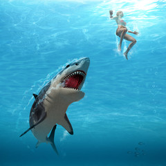 Fototapeta premium Great White Shark Attacks Female Swimmer