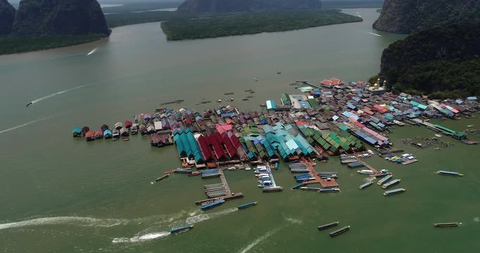 PHUKET, THAILAND, MARCH 2017: Aerial view over Ko Panyi, a floating village of the coast og Phuket.