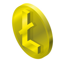 Litecoin gold coin mark in isometric perspective. Cryptocurrency symbol in minimalist stylization. Vector graphic icon of virtual digital currency, internet investing. Cloud mining, electronic money.