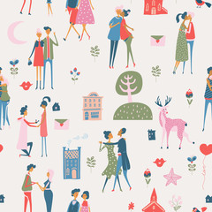 Valentine's Day vector seamless pattern with cute lovers. Boyfriend and girlfriend are in love. Hand drawn illustration in vintage style.