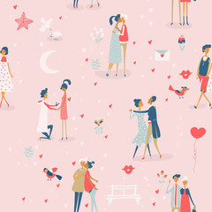 Valentine's Day vector seamless pattern with cute lovers. Boyfriend and girlfriend are in love. Hand drawn illustration in vintage style.