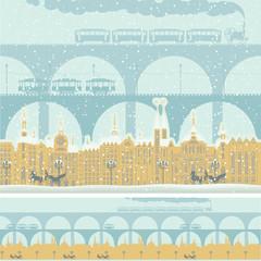 Vector seamless ornament with an old winter town in retro style. Old buildings of European city with bridges and retro transport in winter in the snow