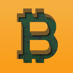 Bitcoin logo with circuit board background and long shadows. 3D illustration