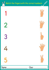 match the fingers with the correct numbers, math worksheet for kindergarten