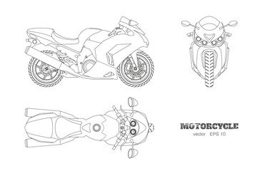 Obraz premium Zarys rysunku motocykla. Widok z boku, z góry i z przodu. Szczegółowy projekt pojedyncze motocykl na białym tle
