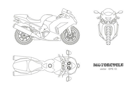 Fototapeta Outline drawing of motorcycle. Side, top and front view. Detailed isolated blueprint of motorbike on white background