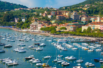Fototapeta na wymiar Bay with boats next to Lerici town in Liguria, Italy