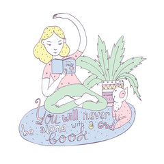 Lovely girl with book in yoga position with cat and lettering about love with reading. Hand drawn illustration