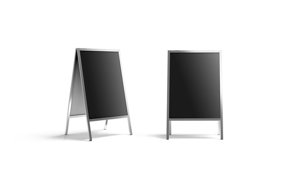 Blank black metallic outdoor stand mockup set, isolated, front and side view, 3d rendering. Clear street signage board mock up. A-board with metal frame template.