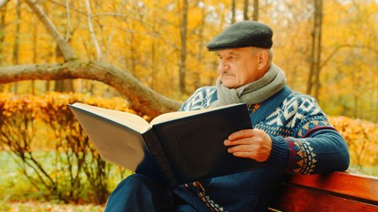 Old man is reading book alone on the bench in the autumn park