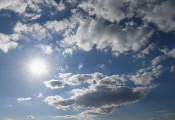 Naklejka na ściany i meble 眩しい太陽と青空と雲「雲の風景」（人生の探求、希望を持って、希望を求めて、輝きのあるなどのイメージ）