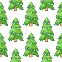 Hand painted watercolor background with fir trees. Christmas and New Year seamless pattern