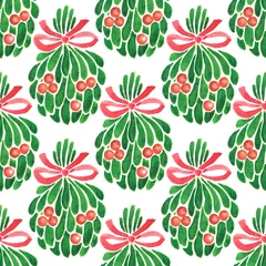 Fotobehang Seamless watercolor Christmas pattern. Hand painted mistletoe with holly berries and a red ribbon © IMR