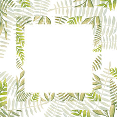 Beautiful abstract green leaves painted with watercolor make up a square decorative frame with white background