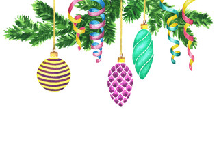 Watercolor Christmas and New Year decoration. Christmas balls, spiraled ribbons and spruce