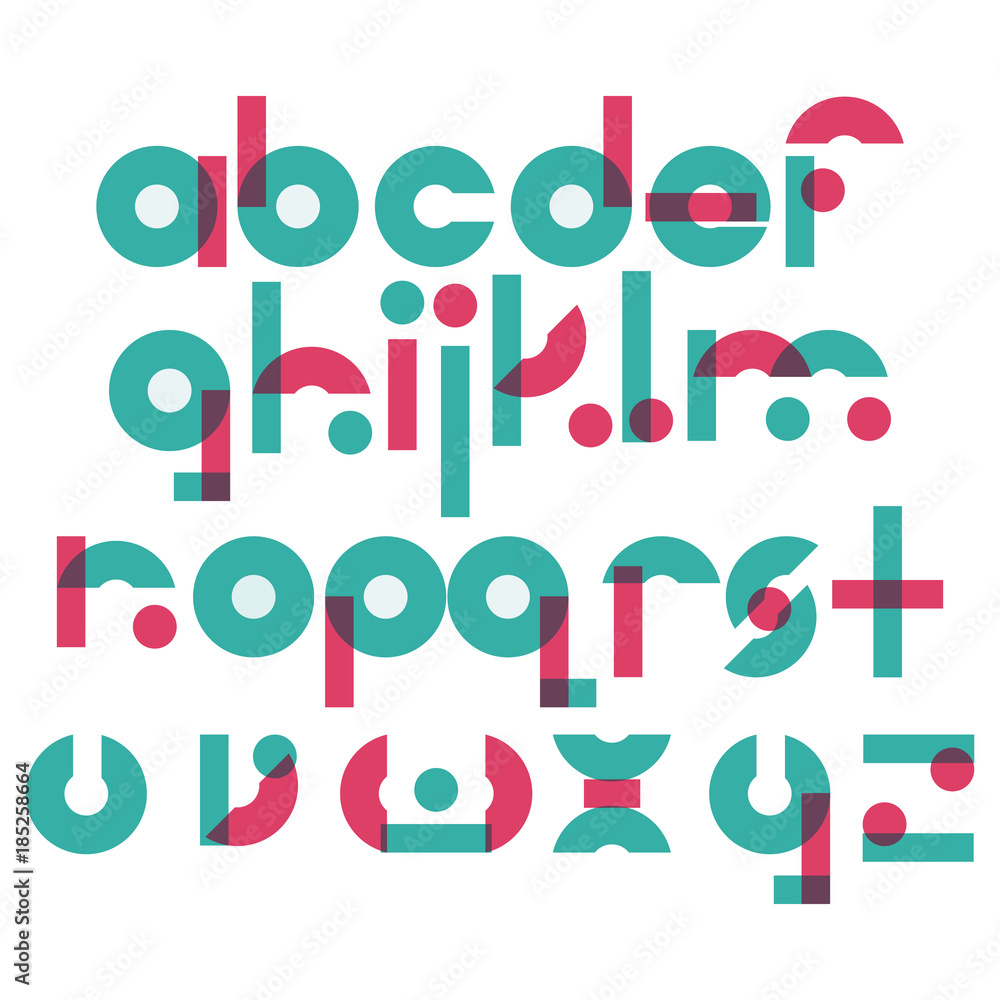 Poster vector abc letters sequence from a to z in geometric style. blue and pink elements based on circle a