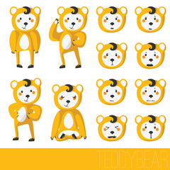 Cute teddy bear isolated on white in various poses, with set of emotions on face. Vector character collection