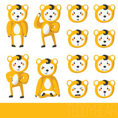 Fototapeta premium Cute teddy bear isolated on white in various poses, with set of emotions on face. Vector character collection