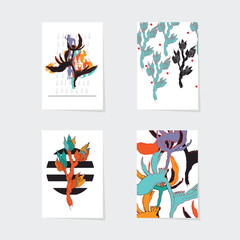 Vector set with bright vertical flower cards drawn in imperfect style, isolated. Heliconia and wild tropical branches with contrast colors design.