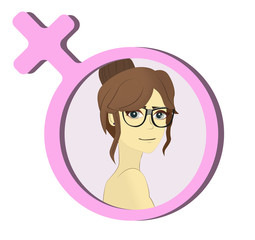 Portrait of a young and beautiful girl with big eyes and long hair with glasses and bare shoulders in woman sign