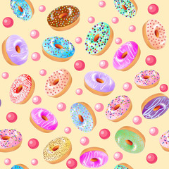 illustration of a seamless background with donuts with a fruit glaze of different colors and sprinkles.