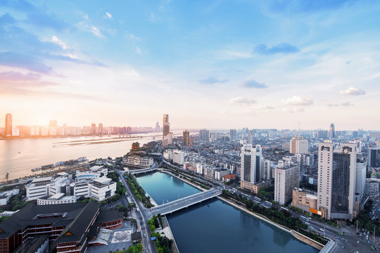 Suspension Bridge And Modern Residential District Near Haihe River In Tianjin In Blue Cloud Sky