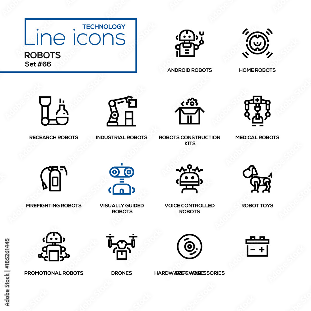Poster robots - line design icons set