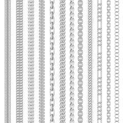 Set of black-and-white, seamless various chains, isolated on white background. Vector illustration.