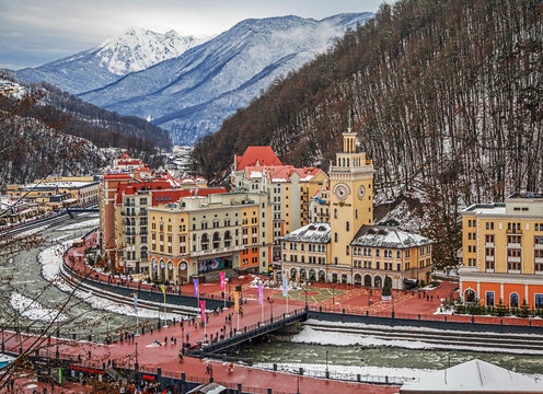 SOCHI, RUSSIA - JANUARY 10, 2015: Top view of the ski resort 