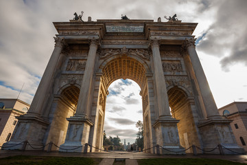 Historical marble arch Arco della Pace, Sempione square, Milan, Lombardy, Italy