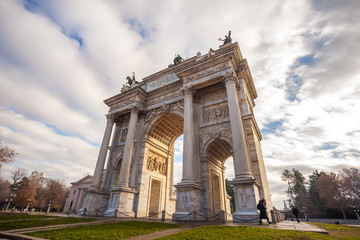 Fototapeta na wymiar Historical marble arch Arco della Pace, Sempione square, Milan, Lombardy, Italy