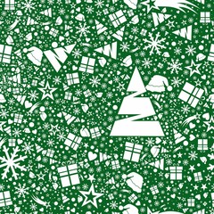 Świąteczny pattern w zielonych kolorach z choinką, prezentem, czapką, gwiazdką i śnieżką - 185263640