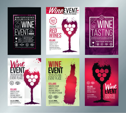 Design templates with ideas for wine events. Wine textures, artistic illustrations wine glasses and wine bottles.