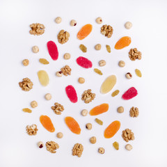 Composition Pattern of Nuts and Dried Fruits Pattern Flat Lay Mix Hazelnuts, Walnut,Raisins,...