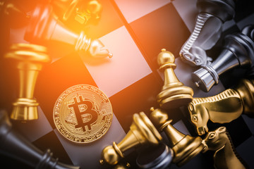 business strategy ideas concept with bitcoin and chess board game
