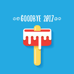 vector goodbye 2017 vector concept illustration with melt pink ice cream on blue background. End of the year background