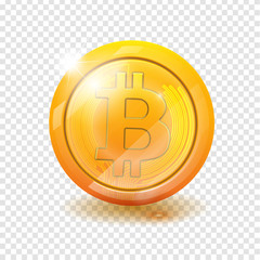 Bitcoin. Physical bit coin. Digital currency. Cryptocurrency. Golden coin with bitcoin symbol isolated on transparent background. vector illustration EPS 10.