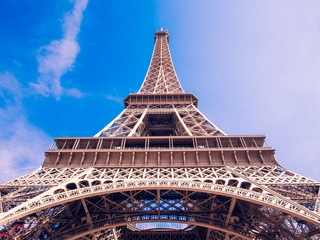 wide angle of the eiffel tower with blue sky.