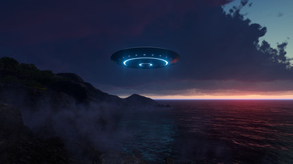 Fototapeta na wymiar 3D UFO over the sea and waves 