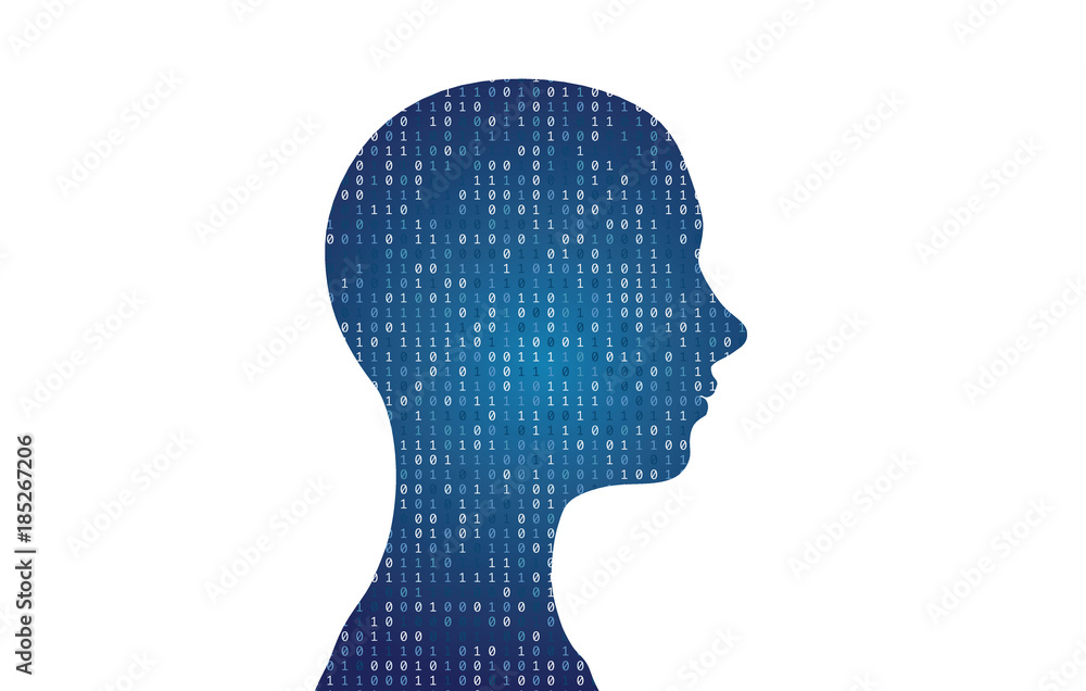 Poster human head silhouette with binary code data. 3d rendering