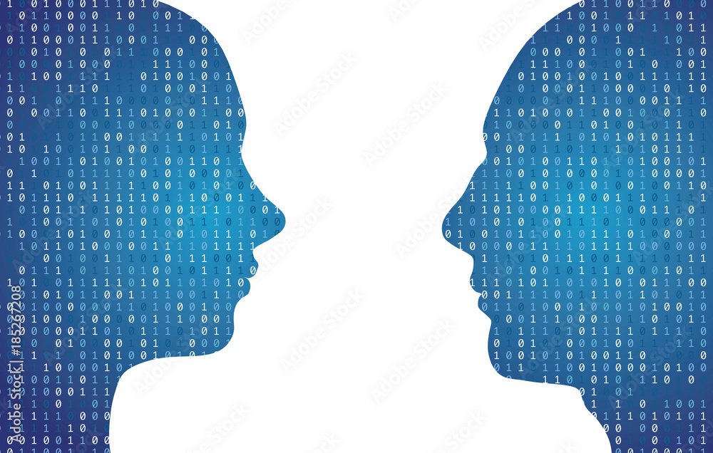 Poster human head silhouette with binary code data. 3d rendering