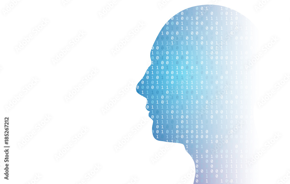 Poster human head silhouette with binary code data. 3d rendering