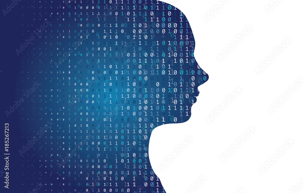 Poster Human head silhouette with binary code data. 3D Rendering