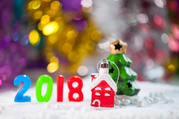Christmas props decorations on christmas snow field background with copy space.Merry Christmas and happy new year concept.