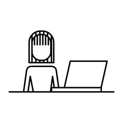 businesswoman with laptop and desk image vector illustration thin line design outline image
