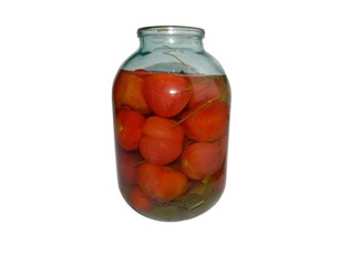 Glass jar of canned tomatoes on white background.